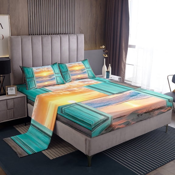 Erosebridal Ocean Beach Bed Sheets King,Blue Golden Bedding King Size,Sea Theme Decor,Super Cozy,4pcs