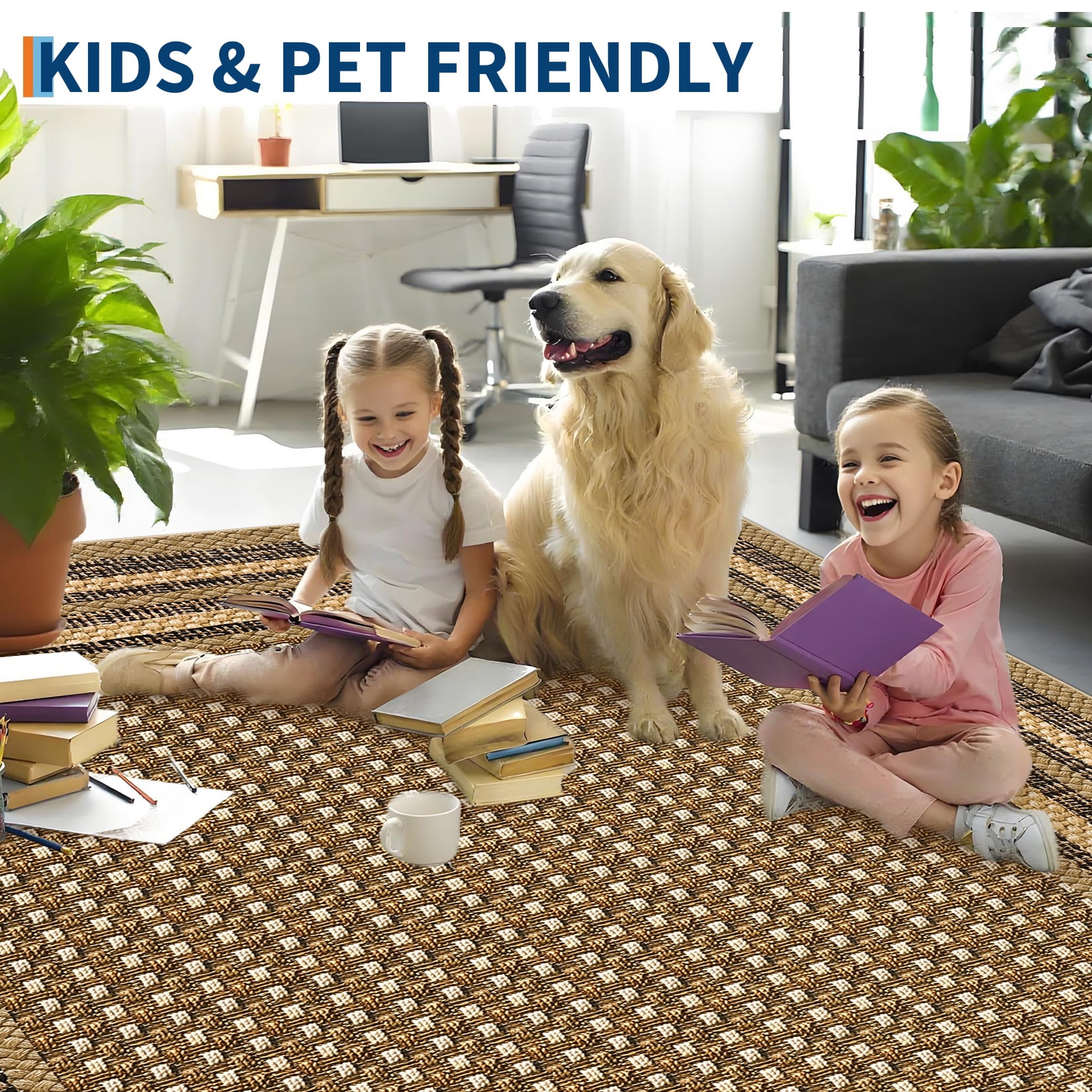 Garvee 8'x10' Bordered Print Area Rug Washable Rugs, Non Slip Modern Geometric Rug Stain Resistant Indoor Carpet for Living Room Bedroom Dining Room, Linen