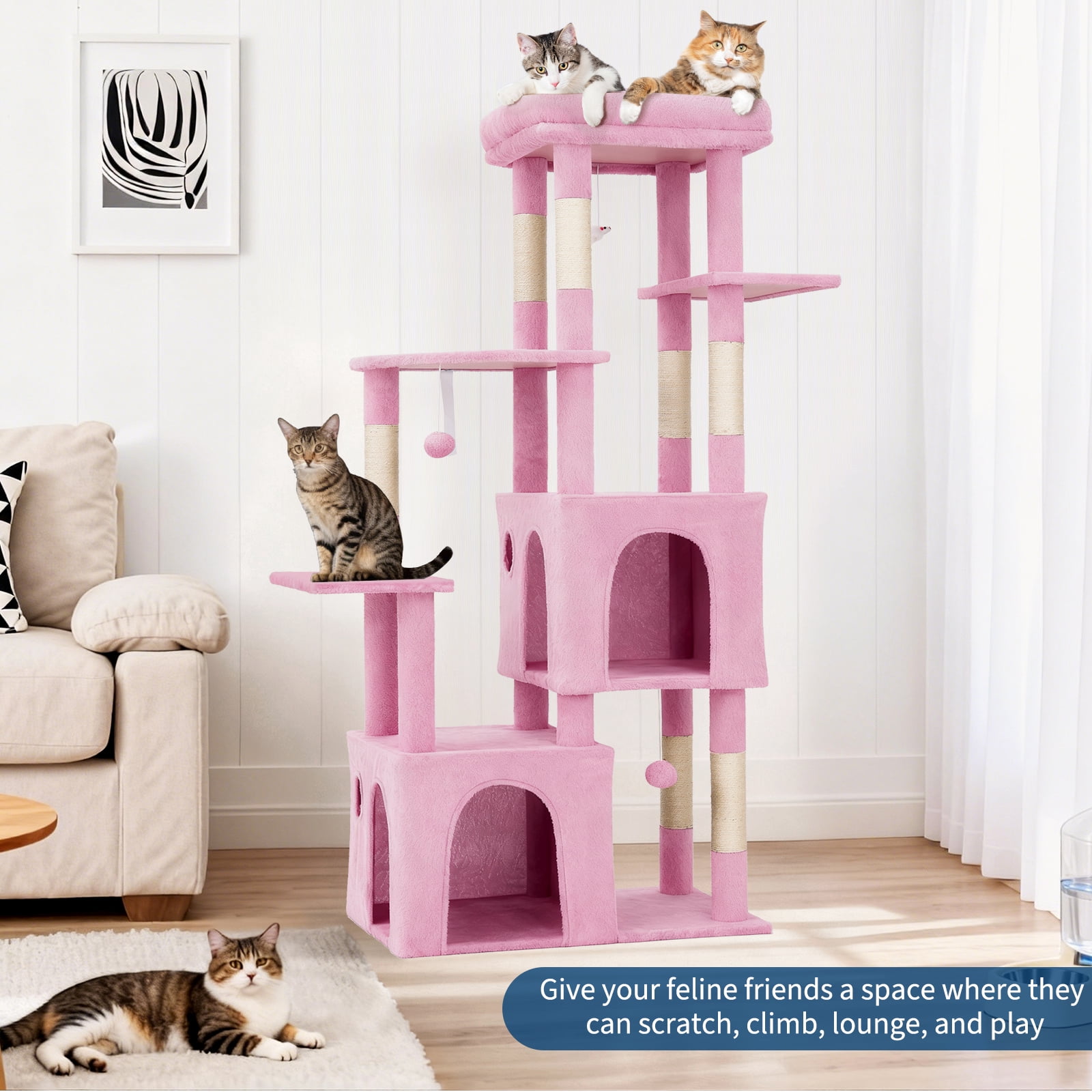 BouPower 61" Multi-Level Cat Tree Tower, Dark Grey Heavy-Duty Cat Condo with Oversized Perch, 2 Spacious Condos, Natural Sisal Scratching Posts and Play Toys for Large Adult & Maine Coon Cats