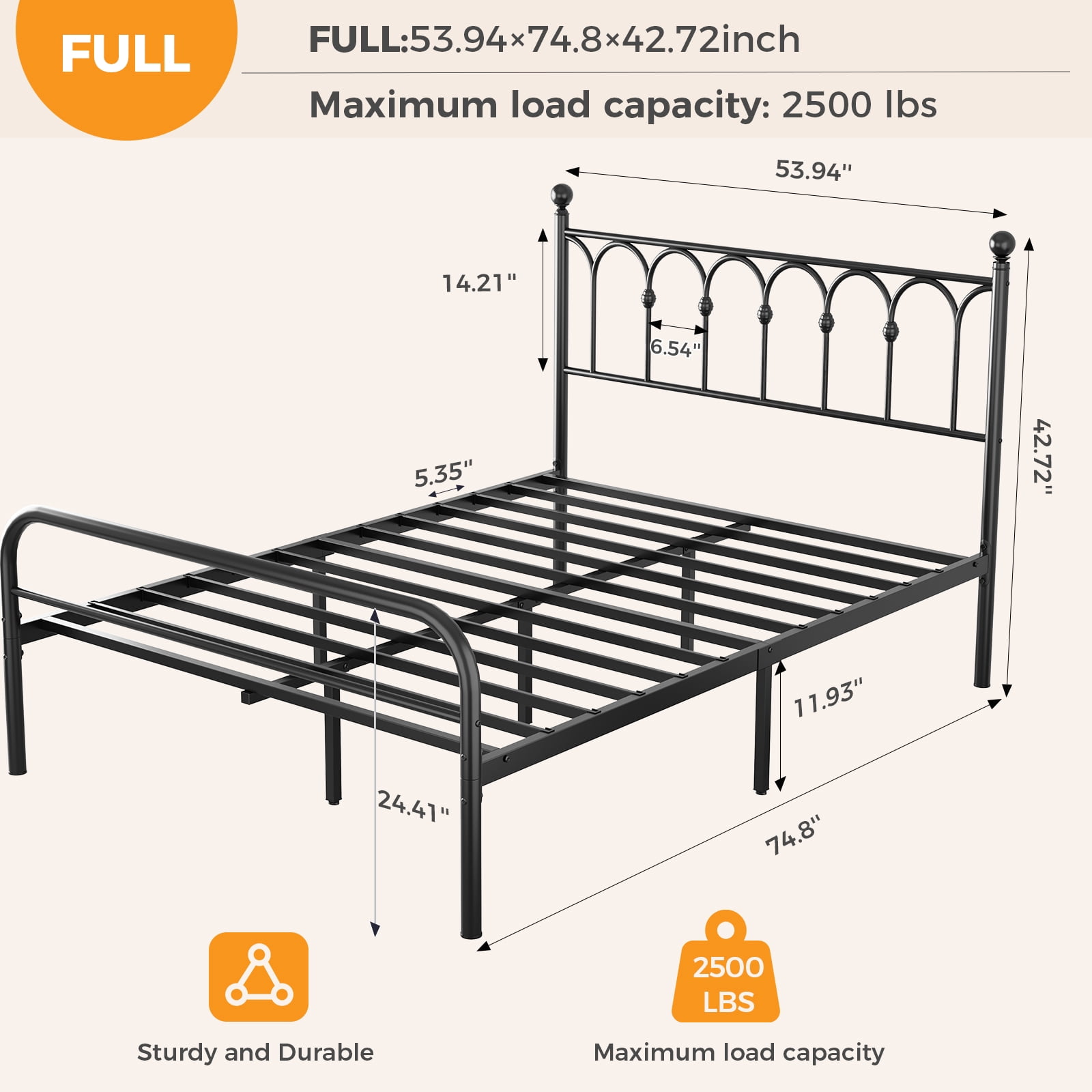 Gianna Full Metal Platform Bed Frame with Steel Slat Support, Underbed Storage, No Box Spring Needed, Easy Assembly