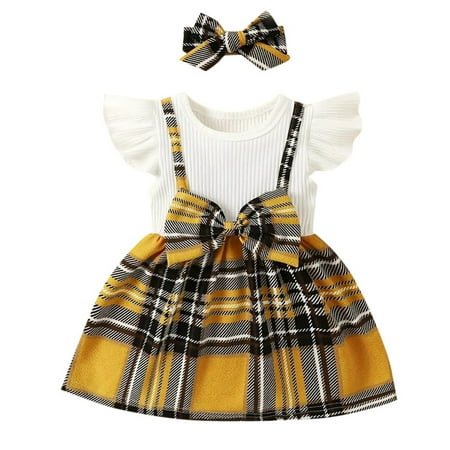 

YDOJG Outfit Set for Toddler Boys Girls Baby Clothing Plaid Spring Summer Fall Bowknot Short Sleeve Princess Dress Clothes Orange 3-6 Months