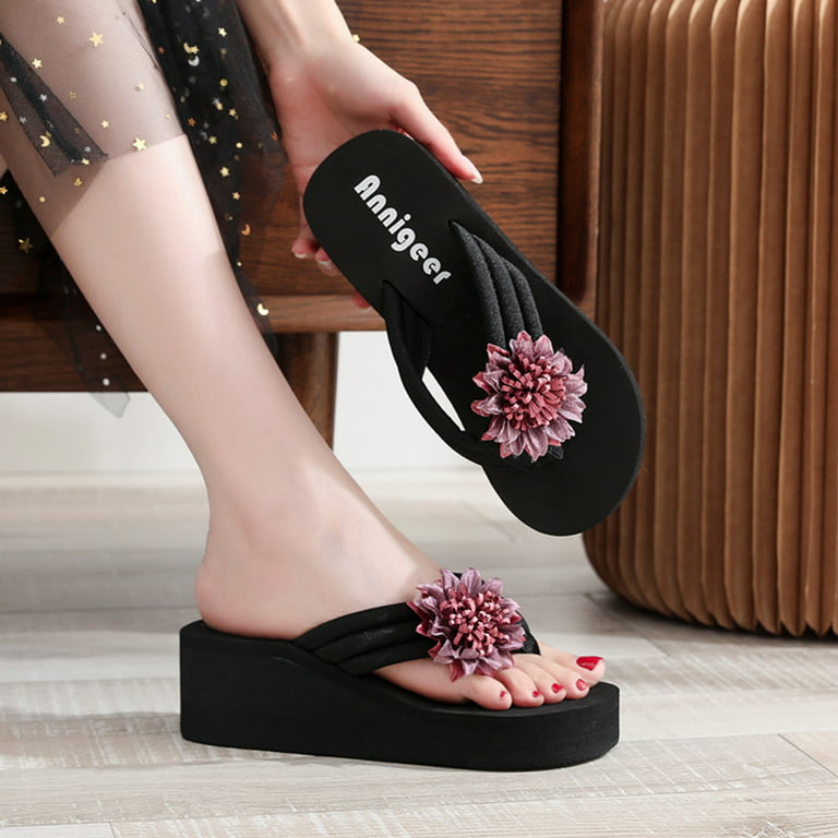 Daznico Womens Sandals Women Slippers Platform Thick Bottom Wedge Heel  Lightweight Flip Flops Flowers Solid Color Beach Shoes ( Black 7.5 )