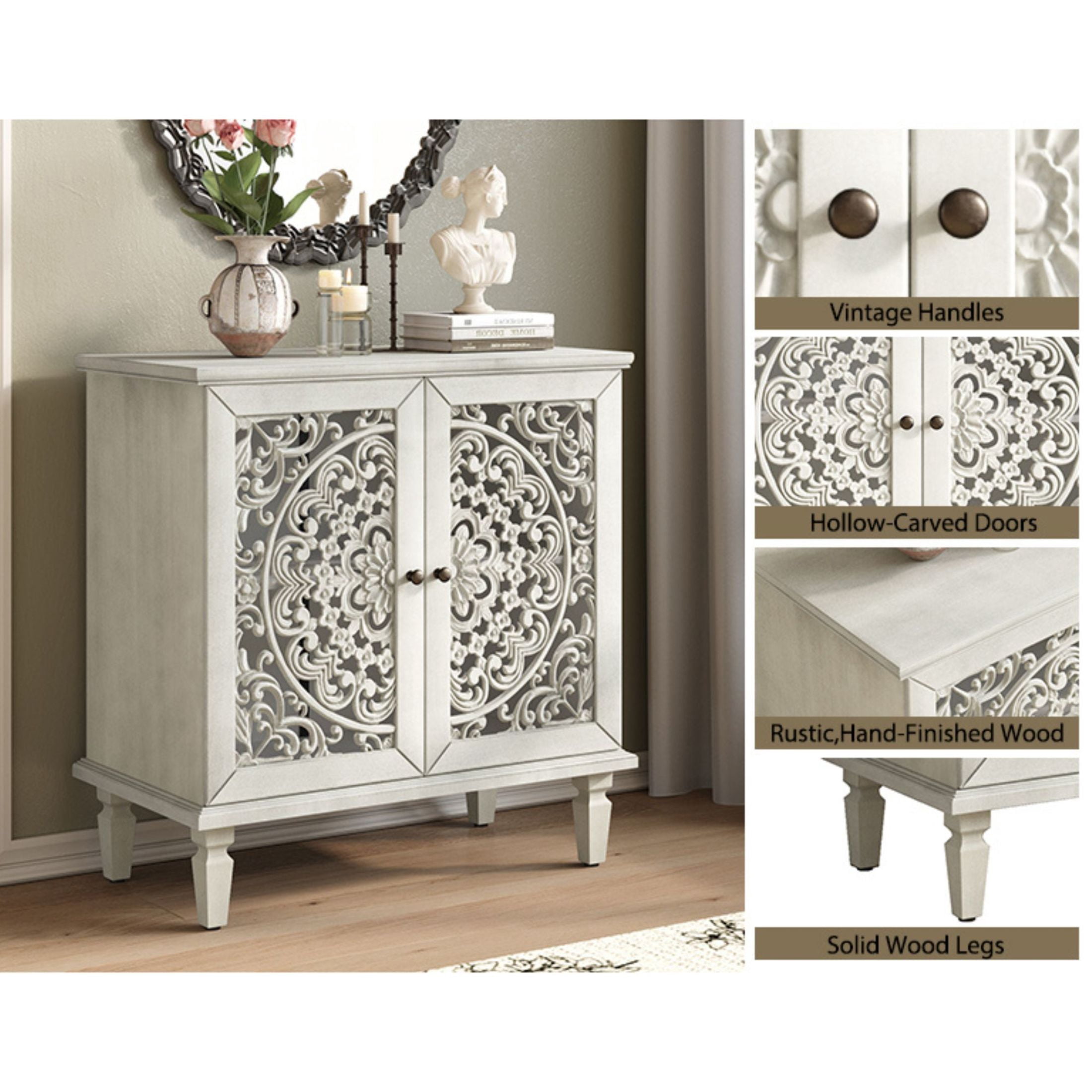 Noble house Vintage Hollow-Carved Accent Cabinet, 2-Door Sideboard, Adjustable Shelf & Solid Wood Legs,Antique White