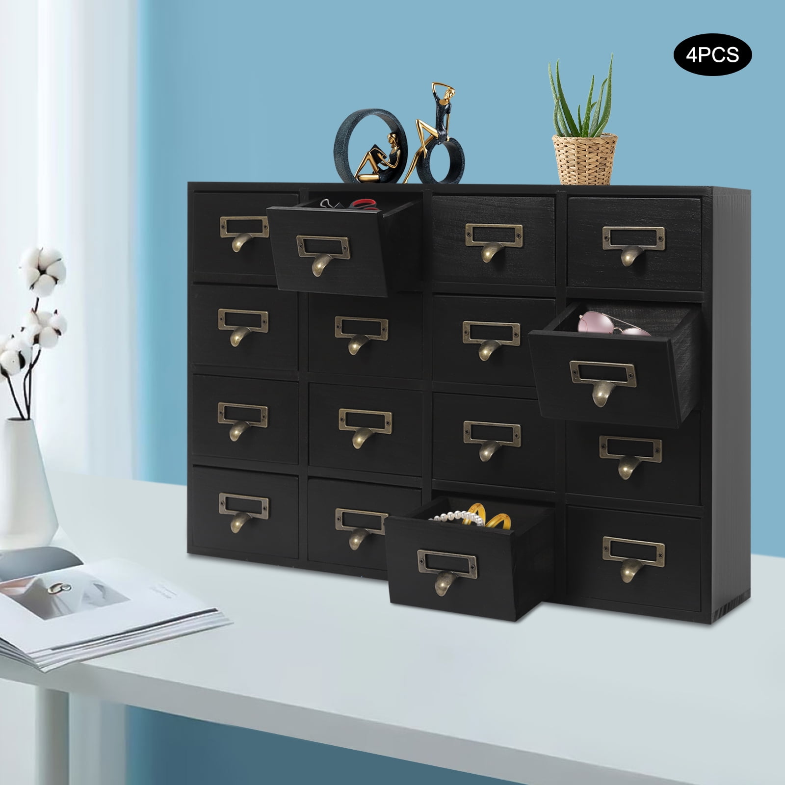 4 PCS 64-Drawer Wood Desk Organizer, Desktop Drawer Tabletop Storage Organization Box with Label Slot for Home Office, No Assembly Required (Black)