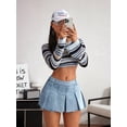thumbnail image 3 of Womens Pleated Denim Mini Skirt With Frayed Hem In Blue, 3 of 6