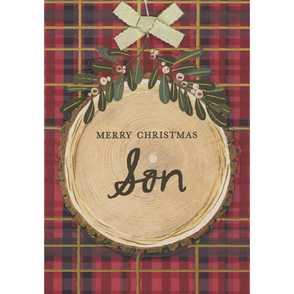 Designer Greetings Gold Ribbon and Holly Over Die Cut 3D Tree Stump Ornament on Plaid Background Hand Decorated Christmas Card for Son