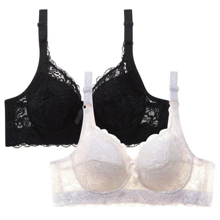 WREESH Womens Lace Bralette Push Up Soft Padded Bras Wireless Plunge Bra Adjustable Strap Comfortable Everyday Bras 2 Pack Black