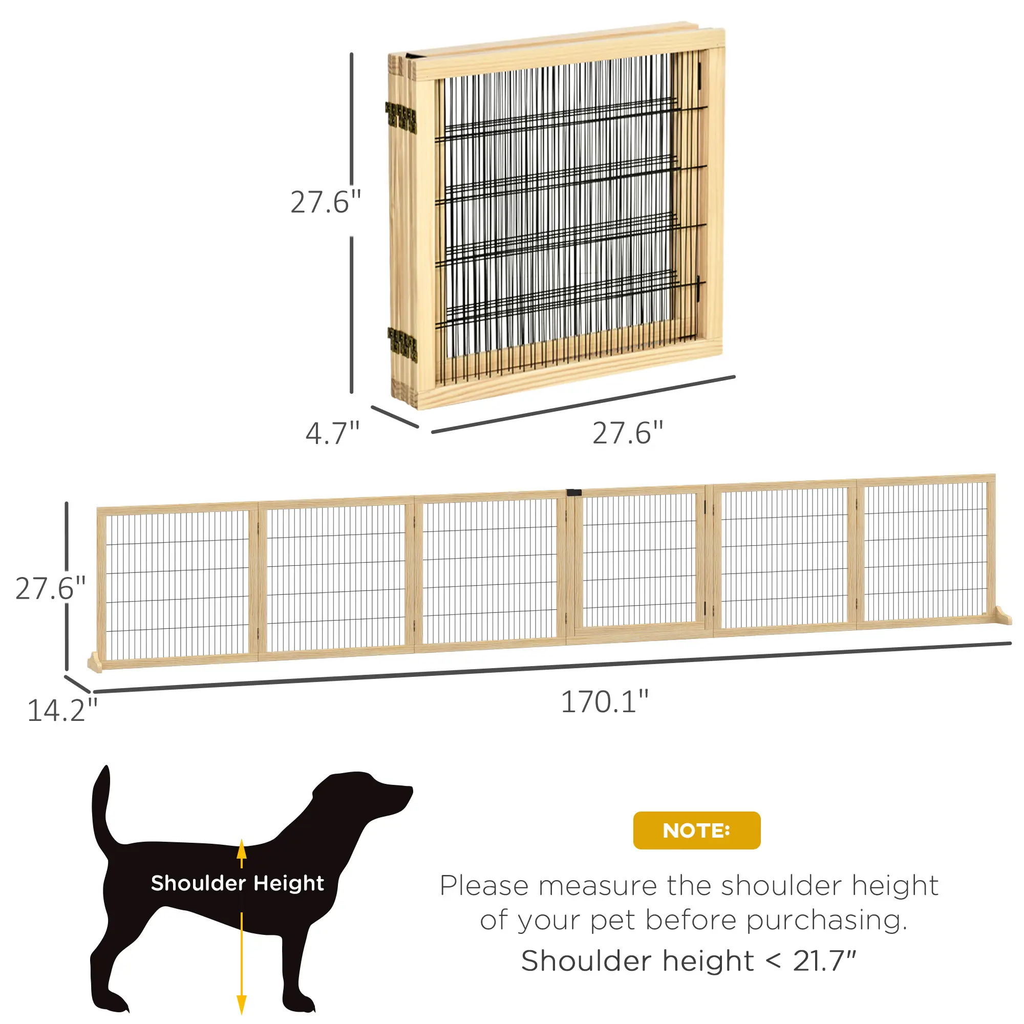 Pefilos 170" Wide Folding Pet Gate, 32" Tall No-Assembly Wood Dog Gate with Door Walk Through, Freestanding Wire Pet Gate, Pet Puppy Safety Fence, Beige