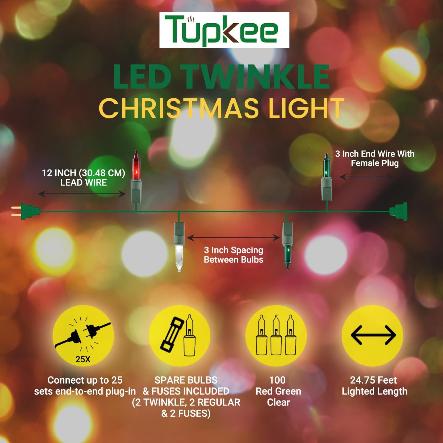 Christmas LED Random Twinkle Lights - 16 of 100 Bulbs Twinkle - LED Red, Green, and Cool White Christmas Tree Lights - Indoor Outdoor  24.75 Feet Light String, Sparkling Twinkling Holiday Decor