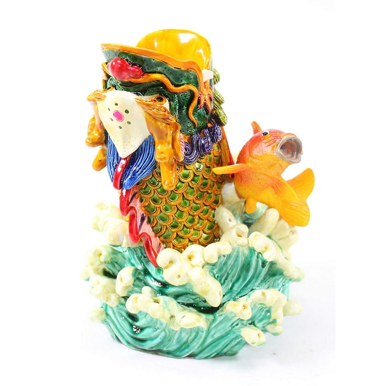 Feng Shui Vibrant Colorful Fish Carp Dragon Pen Holder Figurine