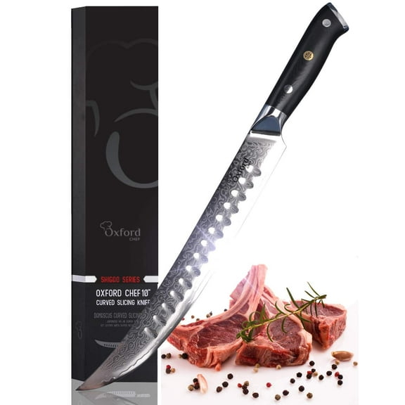 Curved Slicer (Butcher) Knife 10 Inch - Damascus Japanese VG10 Super Steel 67 Layer High Carbon Stainless Steel Oxford Chef