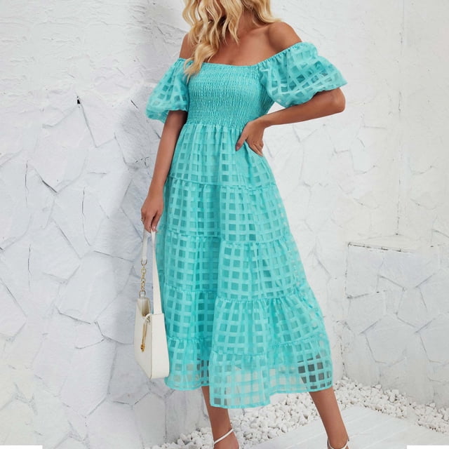 Robe à Épaules Dénudées pour Femme, Robe Maxi d'Été à Manches Volantées Plissée, Taille Haute, Ligne A