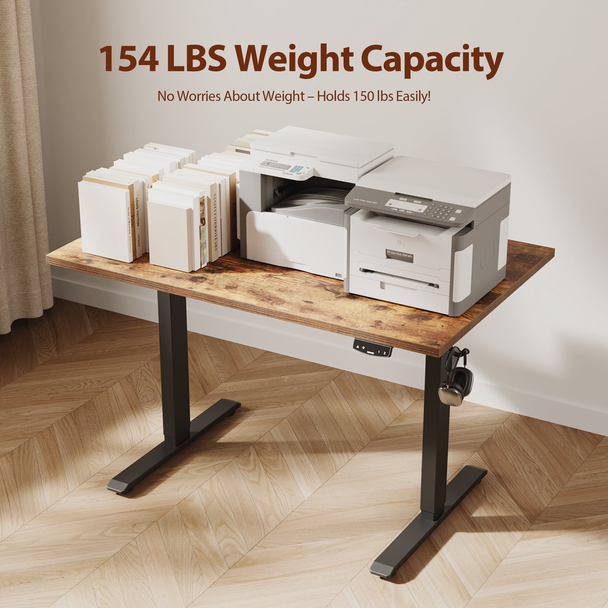 47.2 Inch Electric Height Adjustable Standing Desk, Ergonomic Home Office Desk with Memory Preset, Sit to Stand Computer Desk with Hooks, Rustic Brown