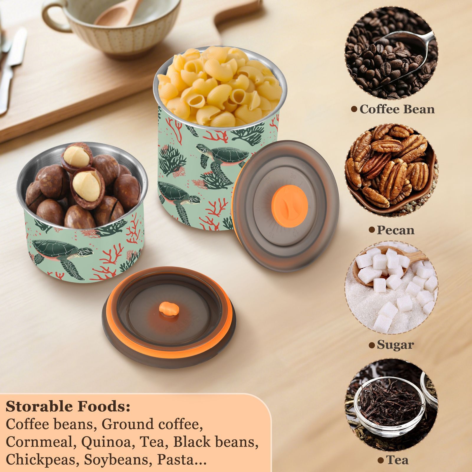 Sea Turtle Coral Airtight Coffee Bean Canister 30oz Food Storage Containers with Lids For Gournd, Tea, Sugar, Flour, Rice, Cereal, Candy Cookie Jar