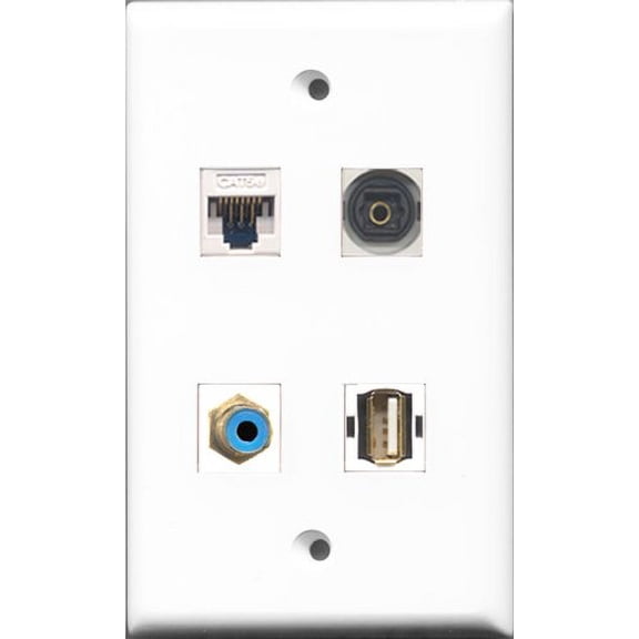 RiteAV 1 Port RCA Blue and 1 Port USB A-A and 1 Port Toslink and 1 Port Cat5e Ethernet White Wall Plate
