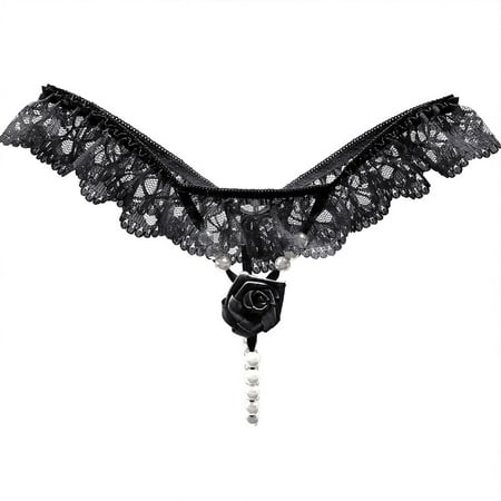 BUYISI Women Sexy Lace Thong G-String Panties Pearl Rose Underwear Crotchles T-Back  Free size Black