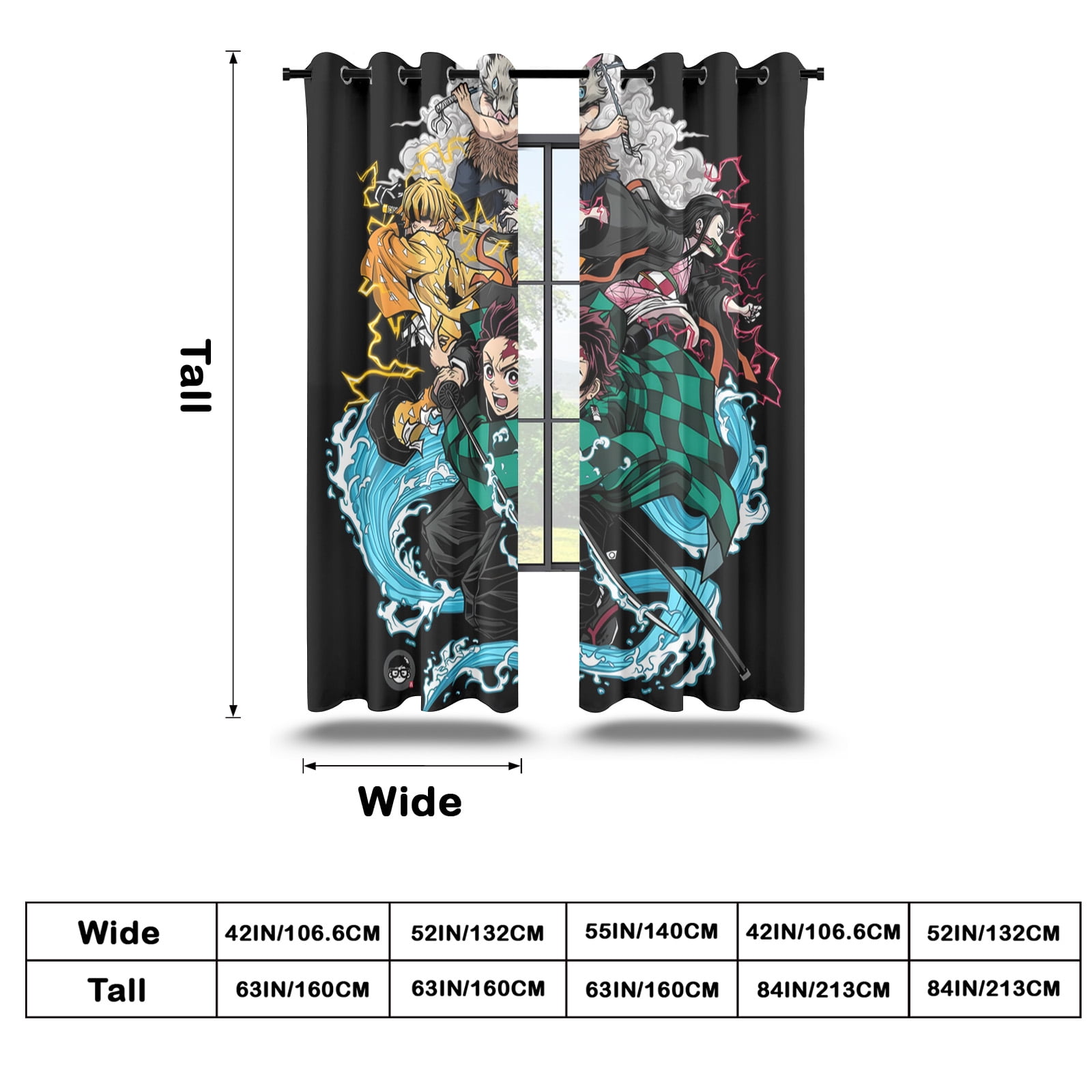 Anime Curtains for Bedroom Drapes Slayer Tanjirou Inosuke Kyoujurou Print Design Window Treatments Curtain Panel Set, 2-Panels, 42" W x 63" L