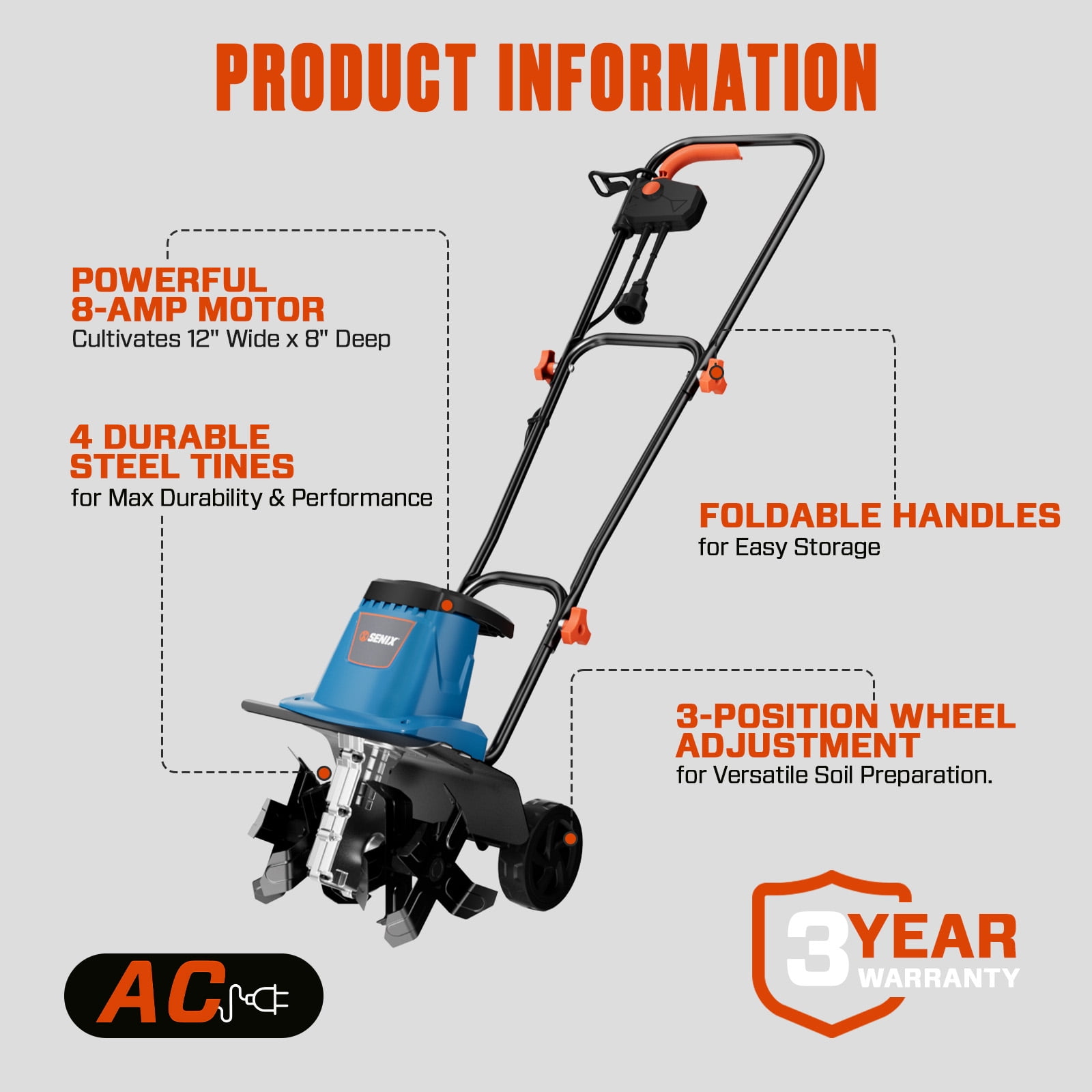 SENIX 8Amp Electric Garden Tiller/Cultivator with 15” Tilling Width and 8” Tilling Depth, 4 Steel Tines,Foldable Handle, TLEO8-L1