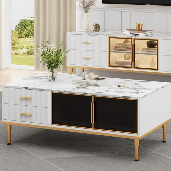 Sideboard Buffet Cabinet Modern Fluted Accent Credenza Storage Sideboard with Glass Doors and Adjustable Metal Legs Coffee Buffet for Living Room Dining Room Kitchen - White