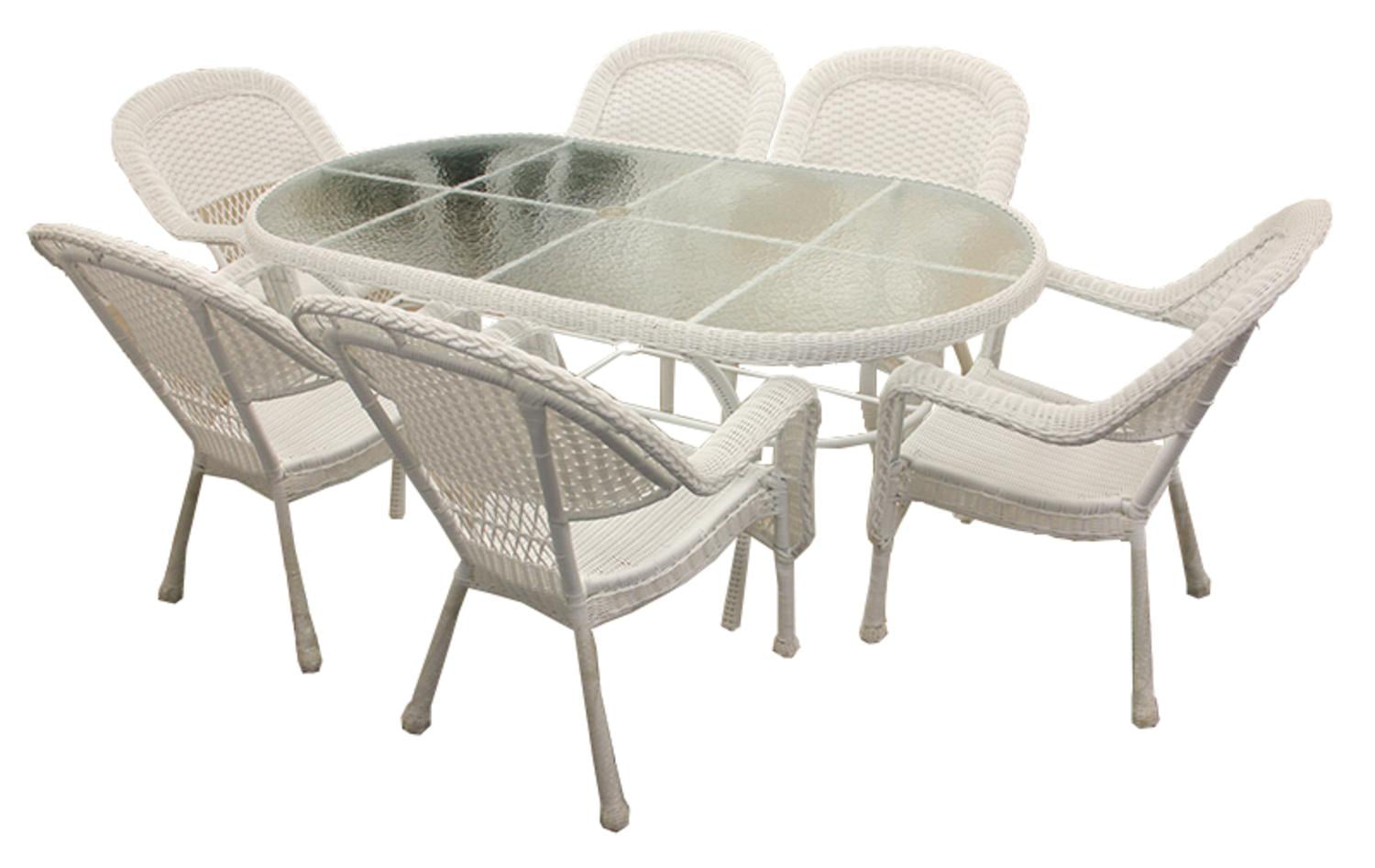 7-Piece White Resin Wicker Patio Dining Set - 6 Chairs and 1 Dining