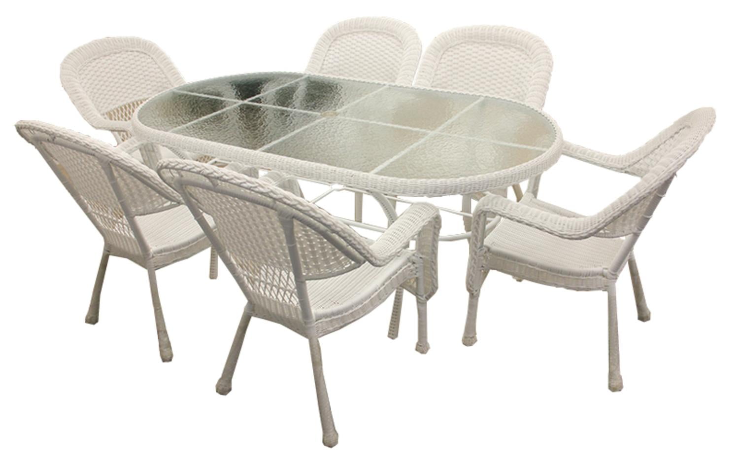 7-Piece White Resin Wicker Patio Dining Set - 6 Chairs and ...