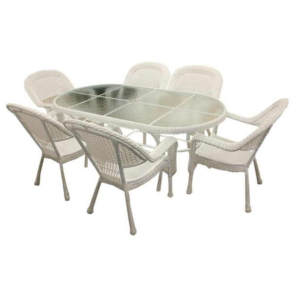 7-Piece White Resin Wicker Patio Dining Set - 6 Chairs and ...