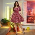 thumbnail image 4 of WTOBBY Women's Fashion Floral Print Square Neck Short Sleeve Waisted Ruffled A-Line Skirt Dress - Elegant and Feminine Dress with Floral Design, Ideal for Spring or Summer,Red L, 4 of 4