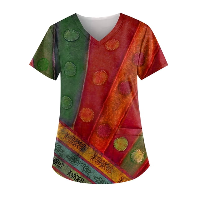 LSLJS Blouse à Manches Courtes à Col en V pour Femmes, Mode, Uniforme de Travail, Imprimé, avec Poche, Blouse, Hauts; Sarraus pour Femmes Grande Taille