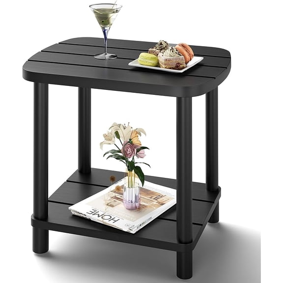 Outdoor Side Table, 2-Tier Small Outdoor Table for Patio, Adirondack Side Tables for Outside or Indoor, Bamboo End Table for Pool, Porch, Weather Resistant Easy Maintenance-Black