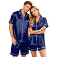 thumbnail image 3 of VV AVEORS Satin Matching Pajamas Sets Couple Silk Button Down Nightwear Women & Men Short Sleeve Sleepwear 2 Pieces Loungewears Royal Blue L, 3 of 8