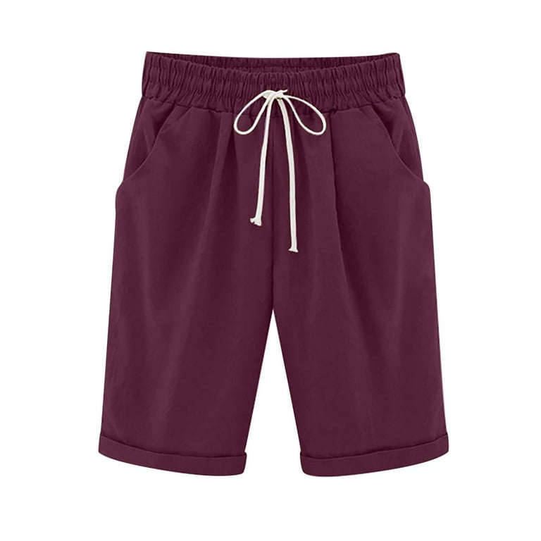Oversize Shorts Womens Knee Length Pants Cotton Linen Pure Color Drawstring  Waist Casual Lounge Summer Beach Short Pants (XL, Wine-H)