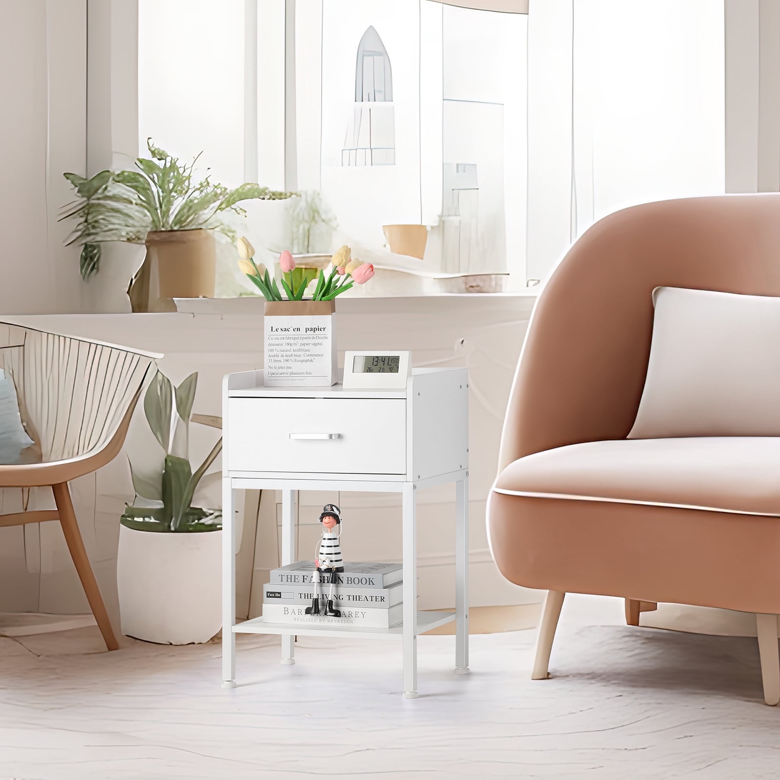 WHITE Bedside Table with Charging Station 2 Tier Side Table With Drawers and Storage Shelves Small Bedside Table Suitable for bedrooms, living rooms