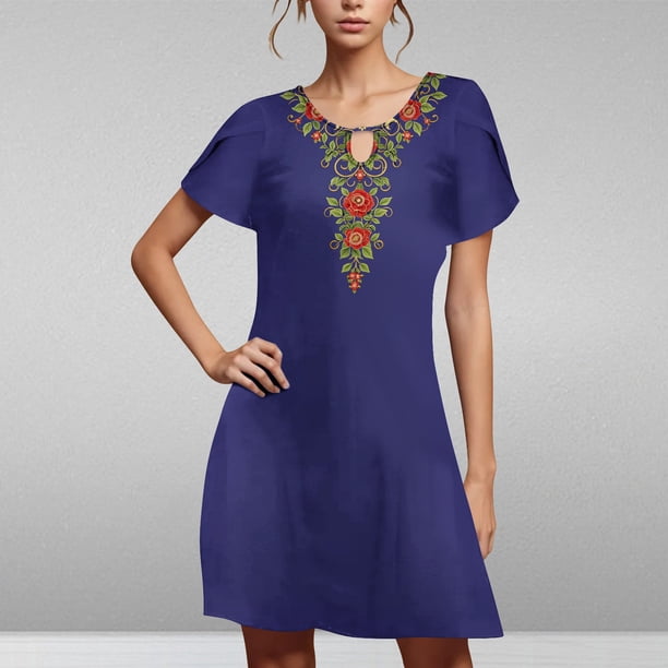 Puntoco Vestido De Mujer Verano Estilo Étnico Estampado Casual Suelto Manga Corta Cuello Redondo Azul Marino Xl,Regalos Para Mujer Joven