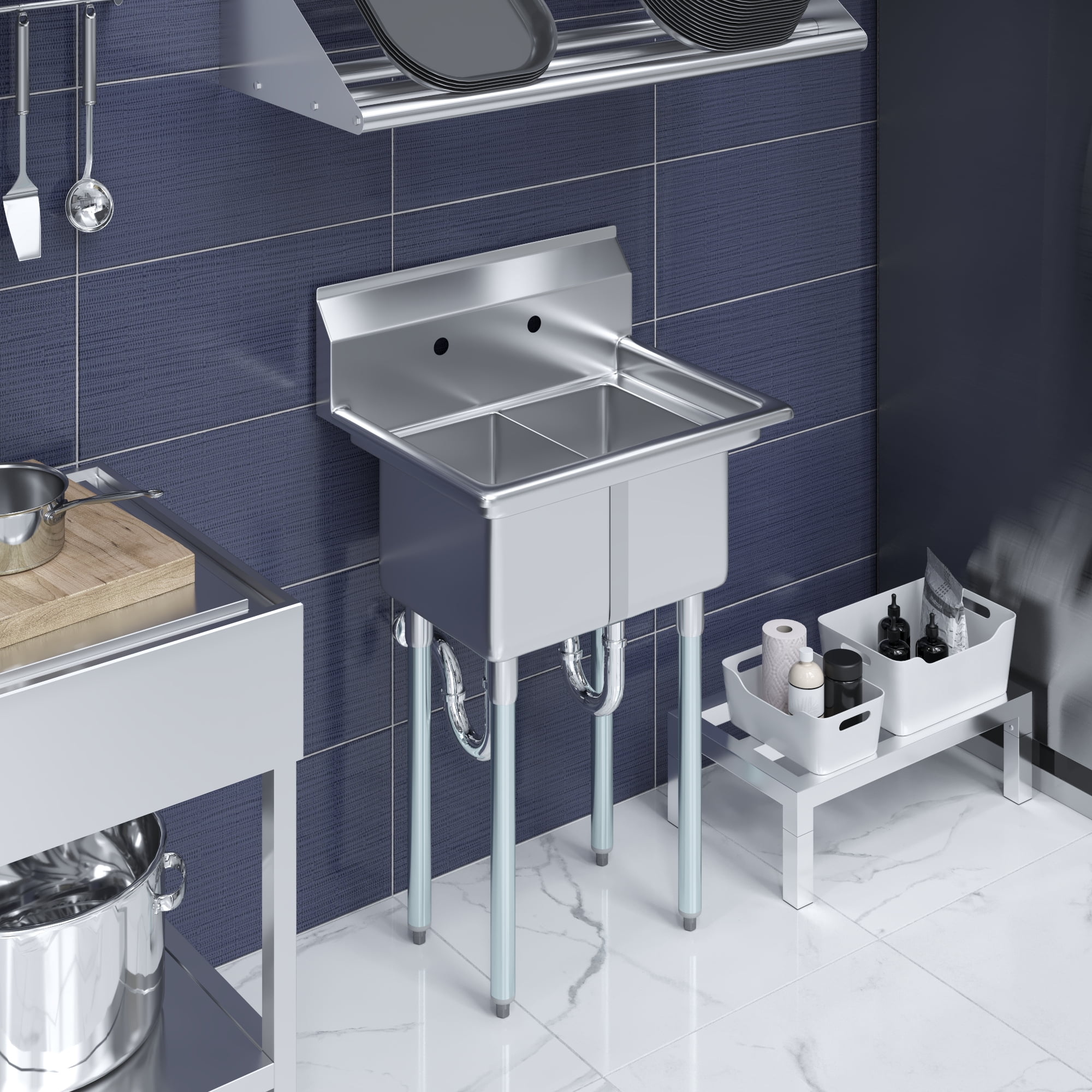 AmGood 20 in. x 26 in. Stainless Steel Two Compartment Sink with 10 in. x 14 in. x 10 in. Bowls