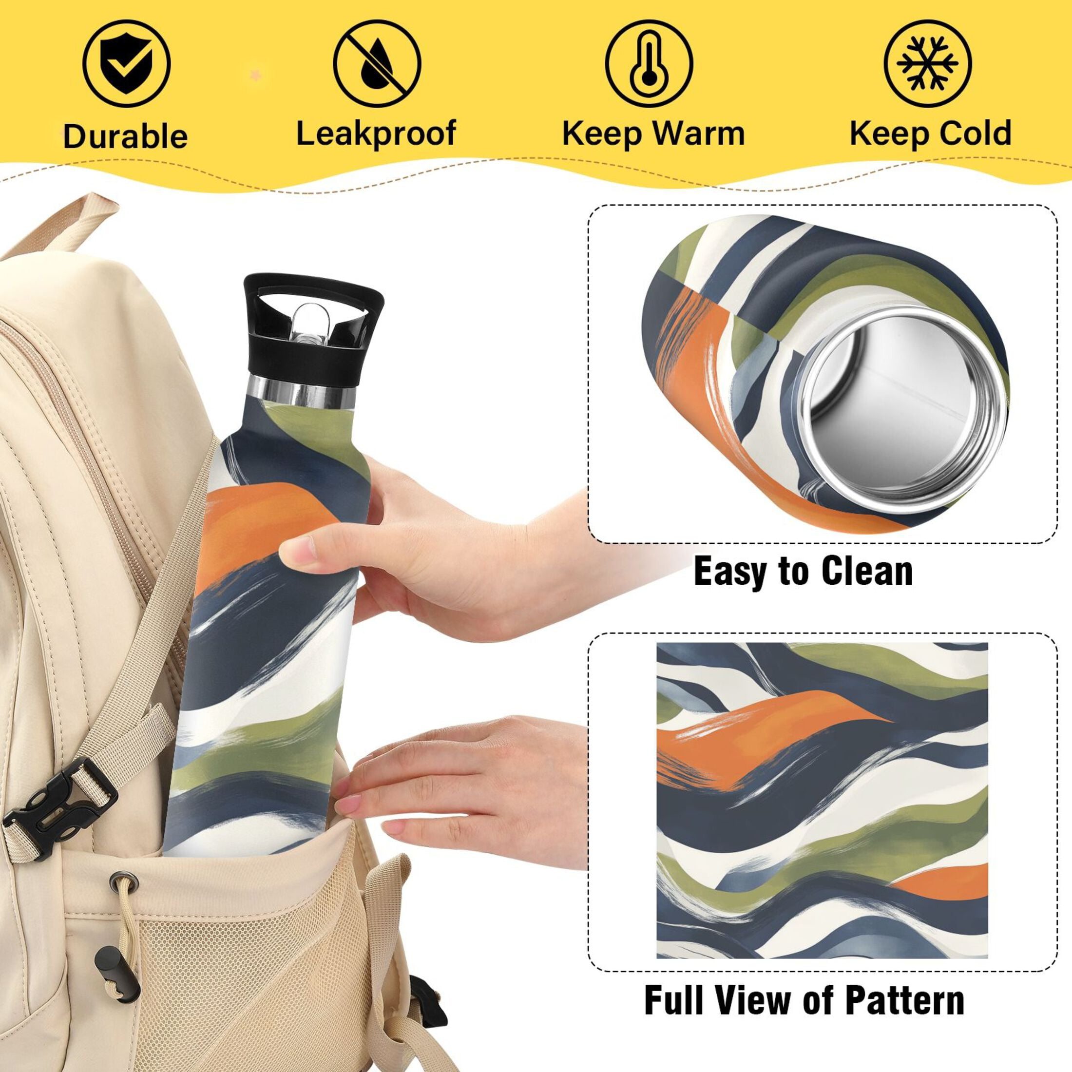 Kids Insulated Stainless Steel Sports Water Bottle 600ml (20oz) Navy Blue Abstract Pattern