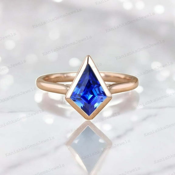KANISHKAGEMS&JEWELS 2Ct 9x7mm / Kite Cut Sapphire Engagement Ring Rose Gold Bezel Set Ring September Birthstone Women Jewelry Birthday Gift For Wife