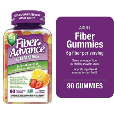 Fiber Advance Plant Based Prebiotic Fiber Supplement Gummies, Natural Fruit, 90 Count
