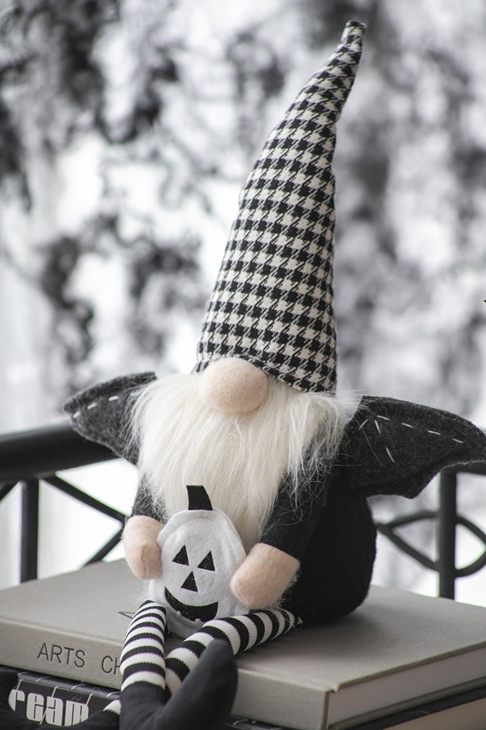 Set of 2 Halloween Gnome Decorations 23.5IN Polyester Fabric Sitting Gnome with Jack-O-Lantern for Indoor Tabletop Shelf Display