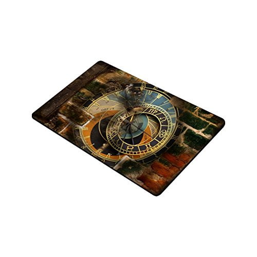 RYLABLUE Old Astronomical Clock In Brick Wall Indoor/Outdoor Decor Rug Doormat 30x18 inches