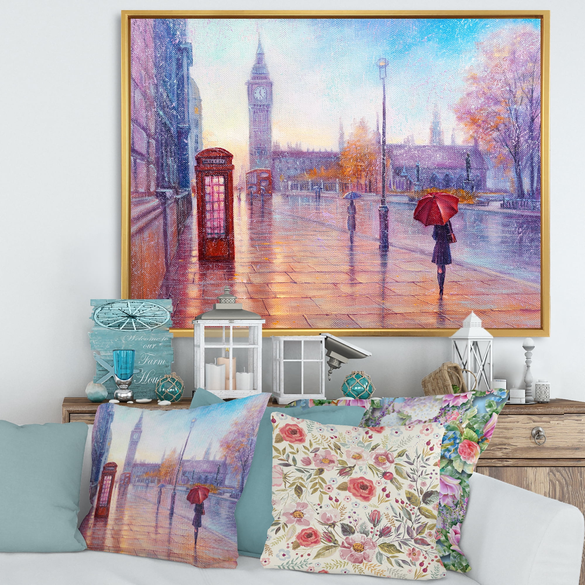 Designart 'Big Ben and Woman With Red Umbrella In London Street' French Country Framed Canvas Wall Art Print