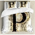 thumbnail image 1 of Letter P Queen Size Duvet Cover Set, P Symbol Embers on Blazing ABC Font Design Tainted Background Illustration, Decorative 3 Piece Bedding Set with 2 Pillow Shams, Tan Black Yellow, by Ambesonne, 1 of 3