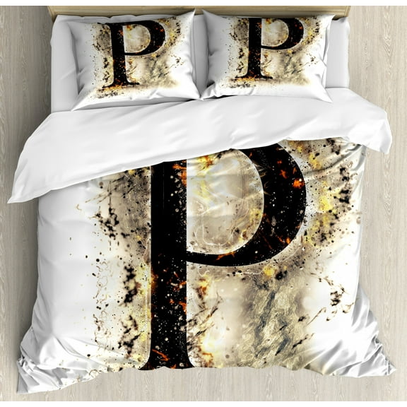 Letter P Queen Size Duvet Cover Set, P Symbol Embers on Blazing ABC Font Design Tainted Background Illustration, Decorative 3 Piece Bedding Set with 2 Pillow Shams, Tan Black Yellow, by Ambesonne