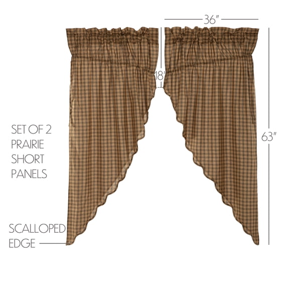 VHC Brands Rustic Cedar Green Plaid Cotton Ridge Curtains Rod Pocket Drawstring Ties Prairie Panel Pair
