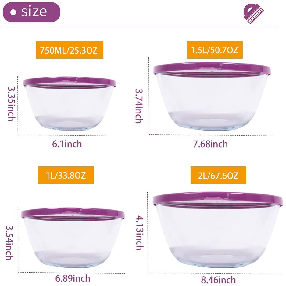 Volarium Small Glass Storage Containers with Lids, Stackable Bowls, Set of  4 with Multi-Colored BPA Free Lids for Cooking Prep, Sauce, Custard, Snack
