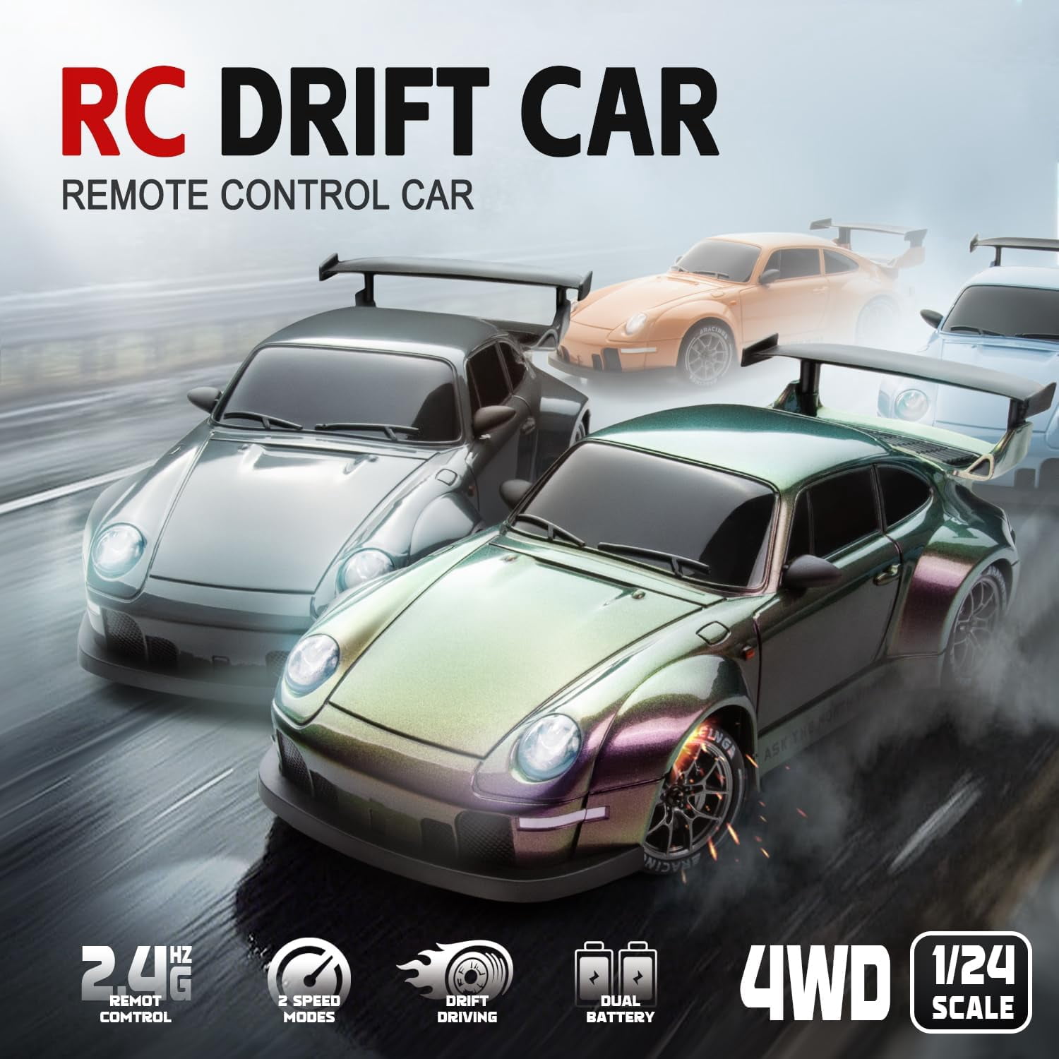 Track Seven RC Drift Car, 1:24 Scale Remote Control Vehicle with LED Lights, 2.4GHz 20KM/H 4WD High Speed RC Cars, Drifting Tires＆Two Batteries, Racing Sports Toy Idea Gift for Adults Boys Girls