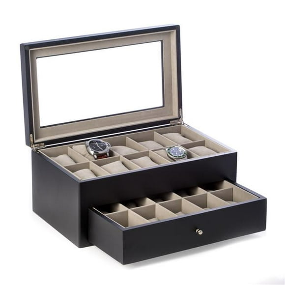 Matte Black Wood 20 Watch Box with Glass Top &amp; Drawer