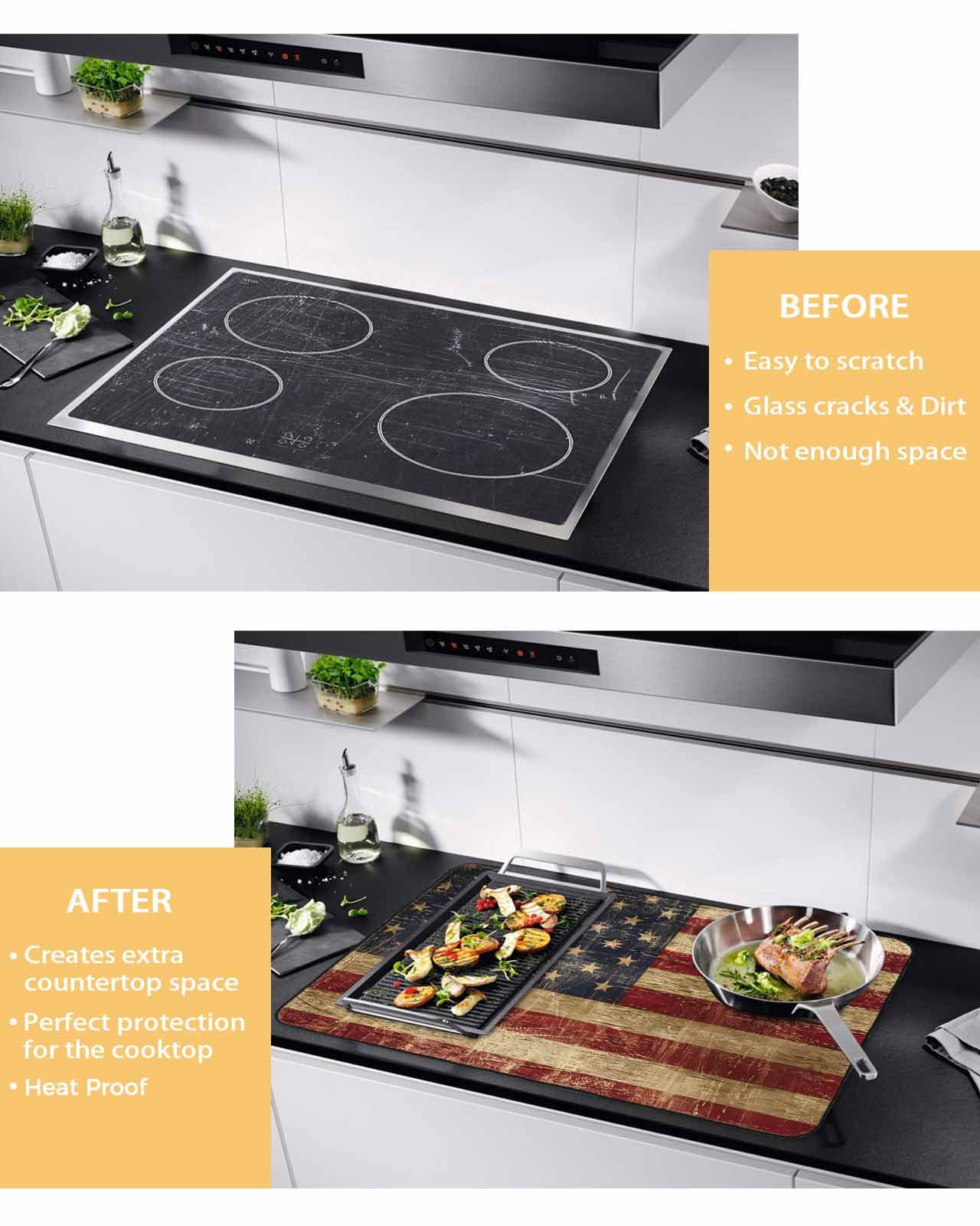 nqOlkjepod Large Induction Cooktop Protector Mat 24"x21", Vintage American Flag Stove Top Covers for Electric Stove, Farmhouse Shabby Retro Red Blue Stove Burner Cover Mats, Glass Top Stove Cover