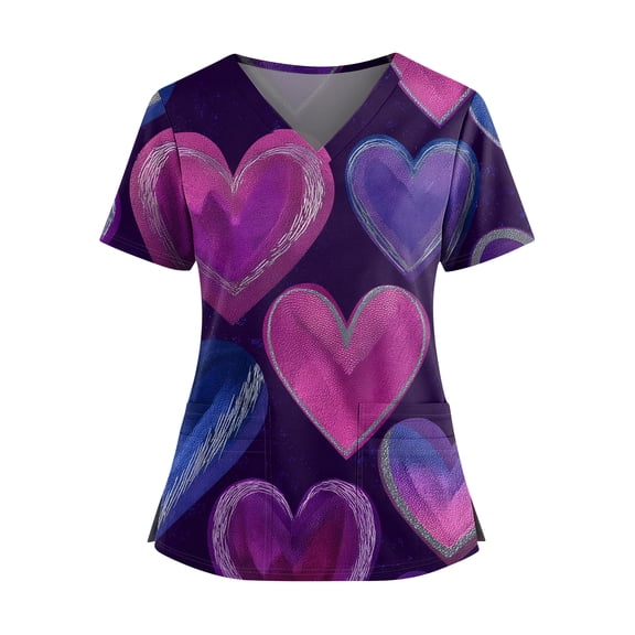 Womens Valentine Day Scrubs V Neck Medical Love Heart Print Nursing Uniforms Short Sleeve Cute Plus Size Scrub Tops with Pockets Purple XL