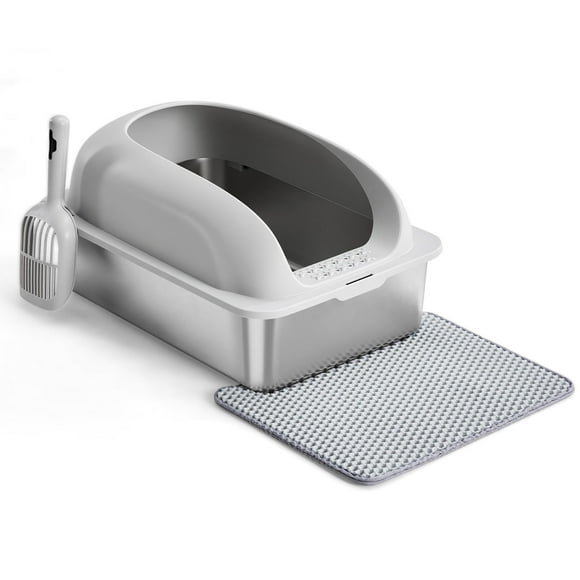 EDX Caja de Arena para Gatos de Acero Inoxidable con Tapa, Caja de Arena para Gatos Extra Grande XL para Gatos Grandes, Lados de Pared Alta, Nunca Absorbe Olores, Fugas Antiorinas, Fácil Limpieza, Recogedor y Tapete Incluidos, Gris Claro