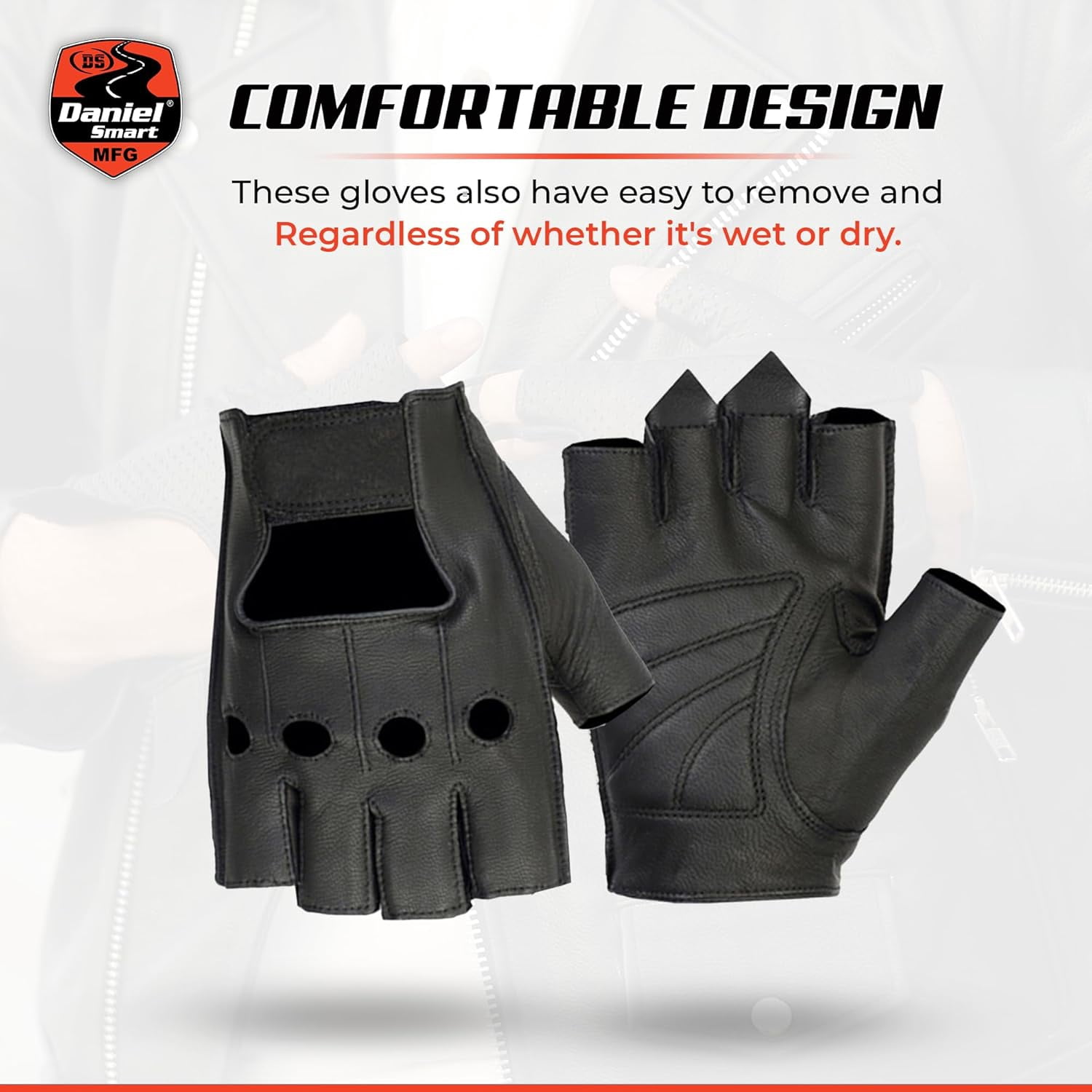 Daniel Smart Men’s Leather Gloves – Naked Goatskin Leather - Fingerless Motorcycle Gloves with Pull Tabs and Gel Palm